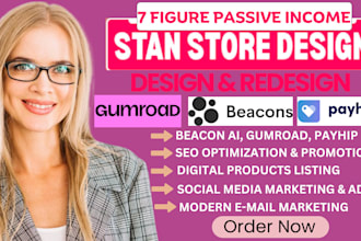 setup stan store, beacons ai, gumroad store design, payhip stan strore marketing