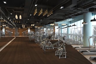 vibrant 3d gym interior, yoga, sport fitness center, lightning, 3d walkthrough