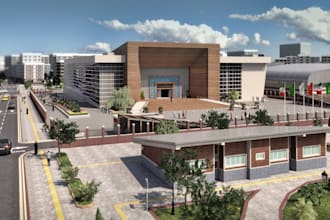 3d commercial building design, warehouse industrial, landscape, parking space