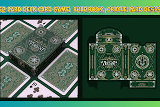 custom 52 deck card game design, rule book, poker cards, box mockup, flashcards