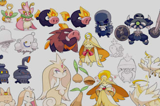 design custom fakemon, pokemon style art, trainer sprites for card games