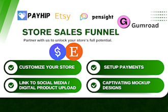 set up and customize gumroad, stanstore, payhip,  etsy digital product design