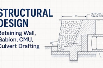 design structural retaining wall, keystone cmu, gabion and pipe culvert drafting