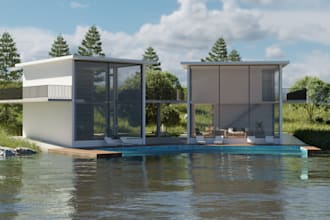 design lake house,outdoor garden,vacation house,big window,glass exterior render