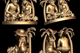 custom couple figurine with pets, stylized 3d sculpt