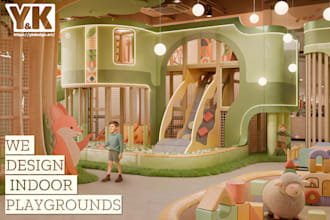 design an indoor playground with 3d renders and layout plan