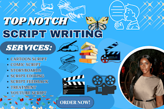 do your cartoon script writing, manga, comics, 2d animation and storyboard