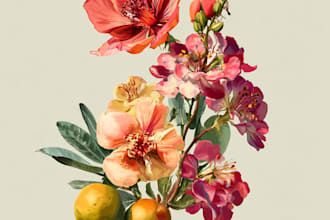 create a digital watercolor botanical illustration of flowers, plants, fruits