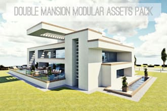 render 3d house interior and exterior design, pergola, modern villa, garden pool