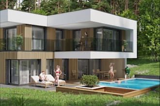 upgrade 3d villa, house in forest, cgi facade exterior, render interior, 3ds max