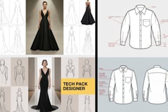 design fashion clothing tech pack, flat technical sketch for fashion designer