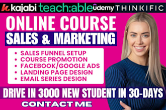 udemy online course promotion, setup kajabi thinkific health course sales funnel