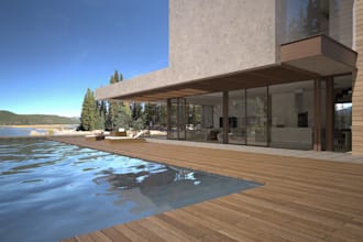 design lake house,outdoor garden,vacation house,big window,glass exterior render