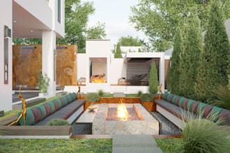 design 3d backyard ,outdoor lounge area ,patio rendering ,landscape garden, pool