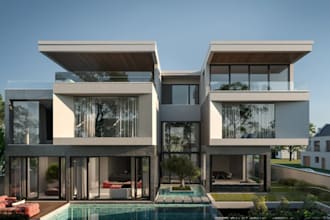 revamp modern 3d villa facade, landscape garden, pool lounge, villa rooftop, cgi