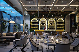 renew modern 3d restaurant interior, render coffee shop, cozy cafe visualization
