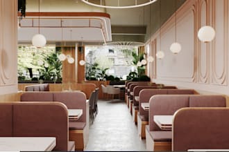 retouch 3d cafeteria model,render image,lounge bar, coffee shop, cgi walkthrough