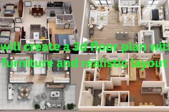 create a 3d floor plan with furniture and realistic layout