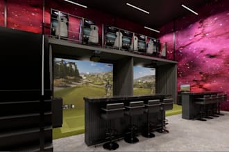 remodel 3d golf simulator interior,gaming arcade,trackman,sport lounge,vr render