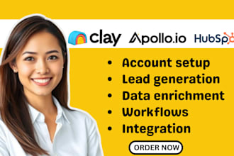 setup clay, clay com, hubspot crm, instantly ai, yotpo sms apollo io, klaviyo