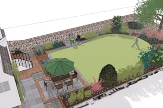 design your garden , backyard layout, terrace 3d realistic landscape in sketchup