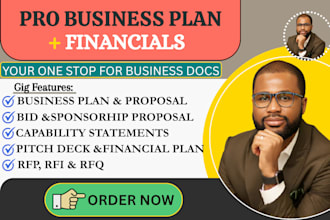write business plan, financials, investor pitch deck, grants