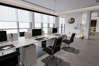 revamp 3d office interior, reception, conference room, furniture layout, desk