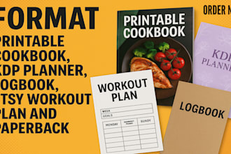 format printable cookbook, KDP planner, logbook, etsy workout plan and paperback