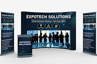 design trade show booth, podium and roll up banner graphics