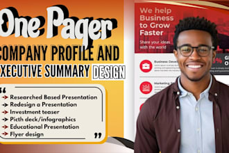 design your one pager, executive summary, flyer and investment, powerpoint slide