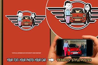 design a peanuts style custom poster of you and your mini cooper car