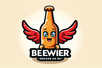 design a funny cute beer bottle mascot logo with wings for your brand