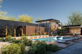 redesign 3d container house, cabin exterior,ting,backyard garden,pool lounge,cgi