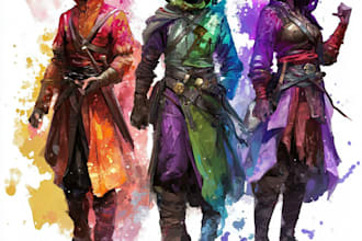 do dnd character art or party, fantasy, scifi or creature illustration