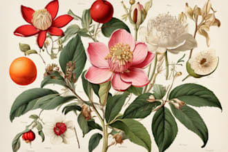 draw botanical illustrations of flowers, plants and fruits