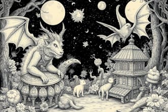 fantasy line art with creatures and vintage things