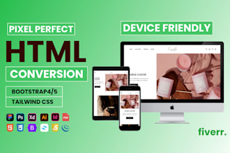 convert figma, PSD, xd designs to HTML using bootstrap or tailwind CSS