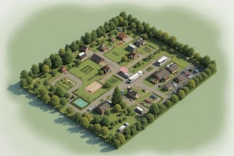 drawin 2d site plan, 3d landscape rendering, farm art