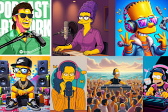 draw yellow cartoon simpson style podcast cover for spotify, apple, soundcloud