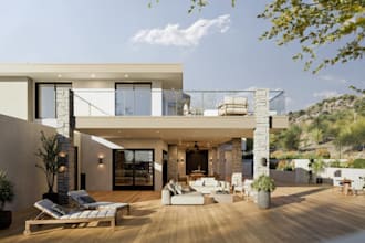 visualize 3d luxury villa resort,outdoor garden,front facade,house elevation,cgi