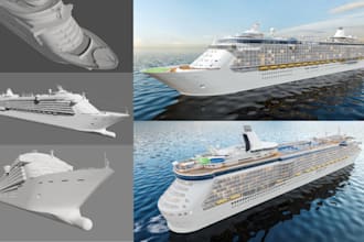 design realistic 3d cruise ship or yacht model for animation or 3d printing stl