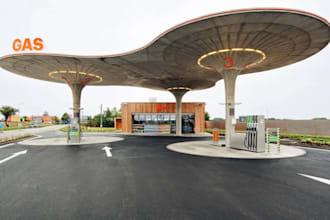 revamp 3d gas station, strip malls, fuel station, mart, cgi render, 3ds max, d5