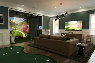 accurate indoor golf,cgi floor render,golf garden design,interior golf simulator