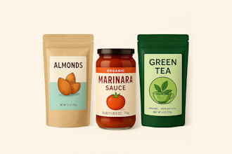 create pouch label designs or food, tea, mylar bags, boxes, coffee label designs