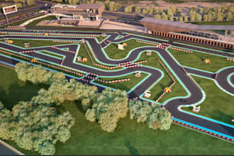 redesign 3d kart racing track, sim race circuit,sports landscape,site map render