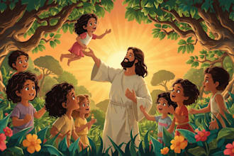 write and create christian bible themed illustration, children bible story kids