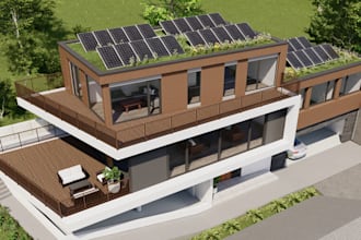 visualize 3d solar panel house, real estate landscape design, exterior rendering