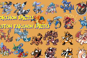 make custom pokemon or fakemon sprite, pokemon trainer, sprite sheet, pixel art