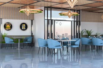 redesign 3d bar, restaurant interior, rooftop lounge, kiosk, cafe shops exterior