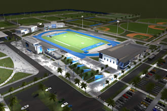 design a realistic 3d football academy with training fields, dorms, and plan